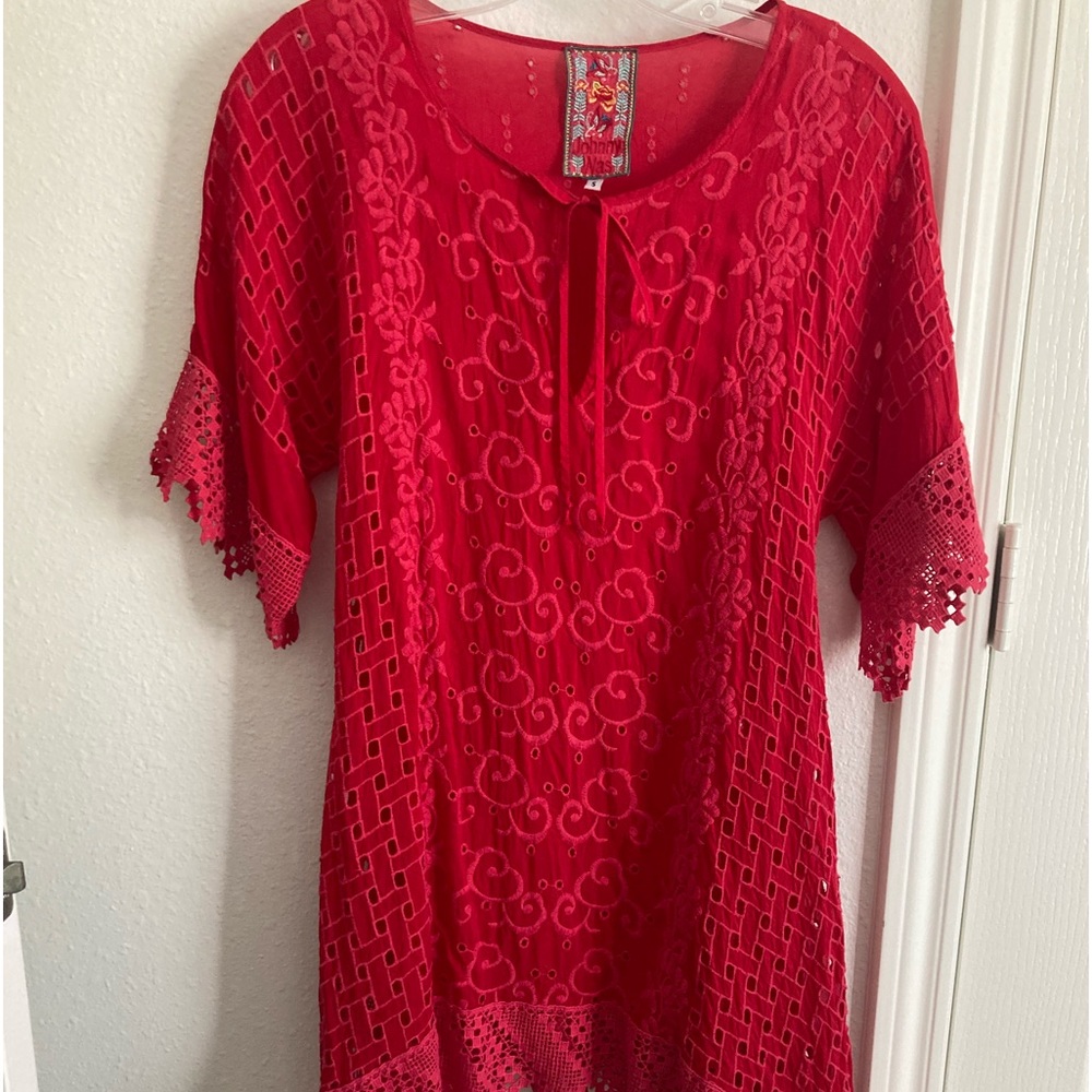 Johnny Was Red Eyelet Lace Tunic Top